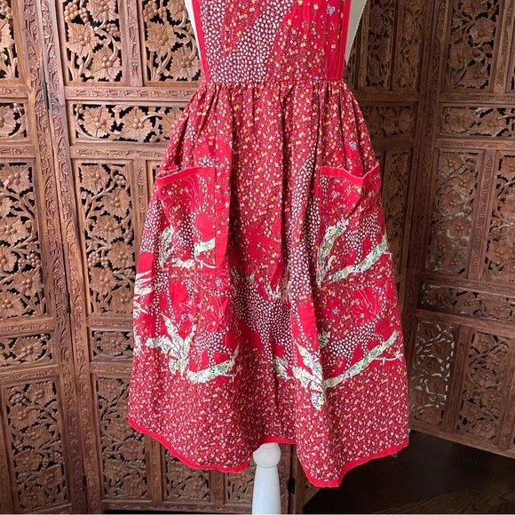 Vintage Handmade Unbranded Red Floral Halter Tie Apron Dress - Picture 4 of 8